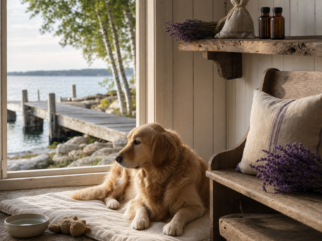 Lavender for pets: a calm dog beside dried lavender and closed amber bottles in Door County, Wisconsin.
