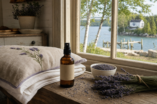 Lavender pillow spray recipe with linen and Green Bay views in Door County, Wisconsin
