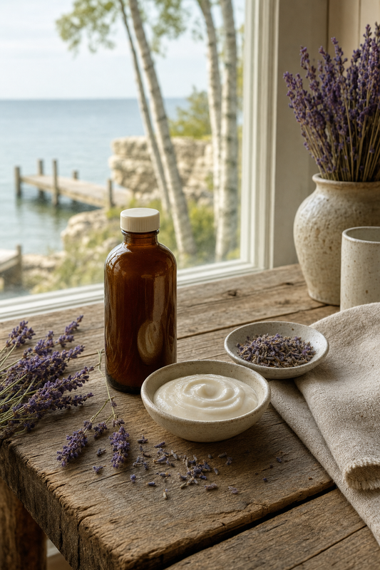 Lavender body lotion with real essential oil on a Green Bay windowsill in Baileys Harbor, Door County, Wisconsin
