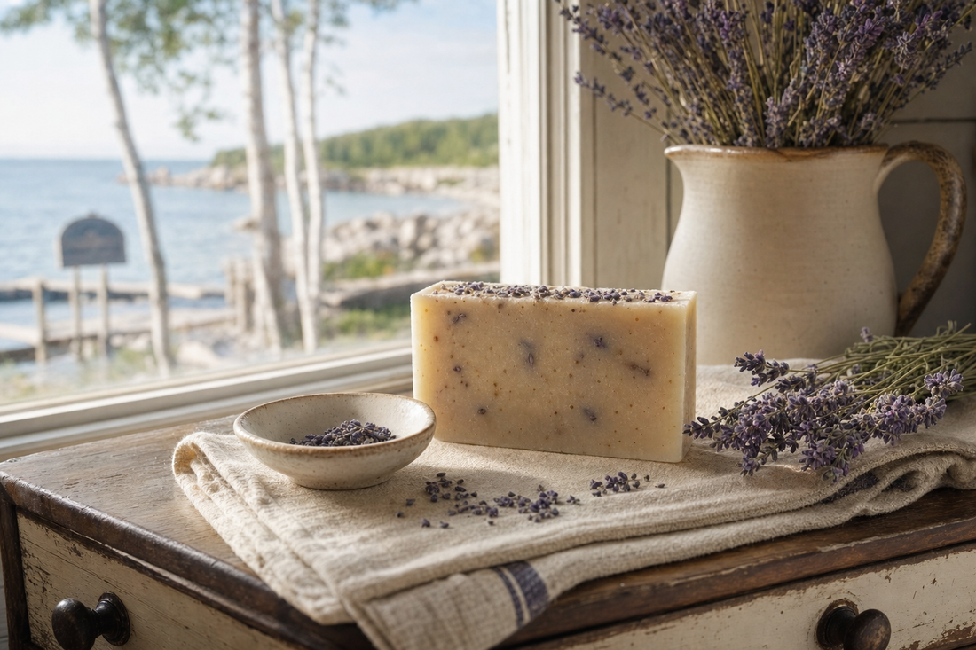 Handmade goat milk and lavender soap on a birch shelf in a Baileys Harbor, Door County, Wisconsin bath
