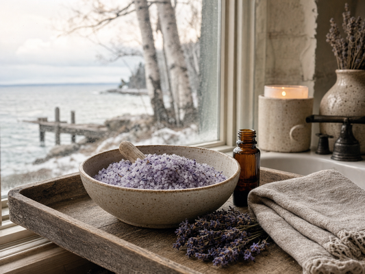 Lavender soaking salts with an amber oil bottle in a Baileys Harbor, Door County cottage bath