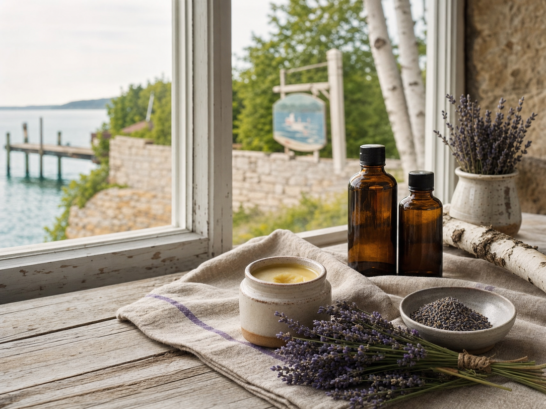 Lavender skin-care balm and amber bottles by Green Bay in Baileys Harbor, Door County, Wisconsin