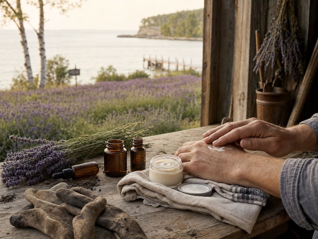 Lavender hand cream with amber bottles on a Baileys Harbor farmhouse table overlooking Green Bay in Door County, Wisconsin.