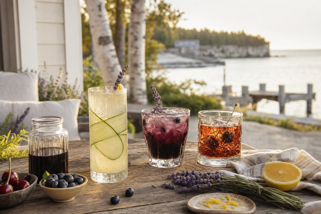 Lavender cocktails with cherries and blueberries on a Green Bay porch in Baileys Harbor, Door County, Wisconsin.