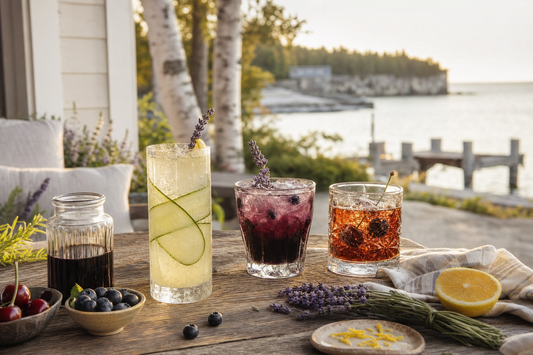 Lavender cocktails with cherries and blueberries on a Green Bay porch in Baileys Harbor, Door County, Wisconsin.