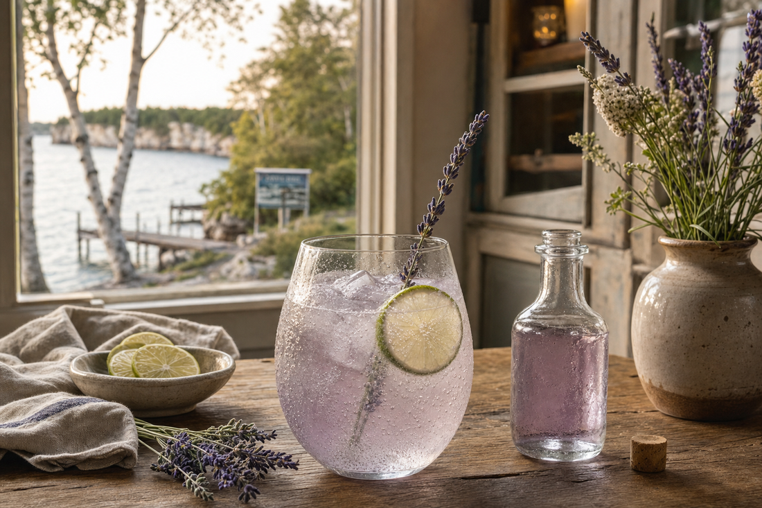 Lavender gin and tonic on a Baileys Harbor farmhouse table overlooking Green Bay, Door County, Wisconsin