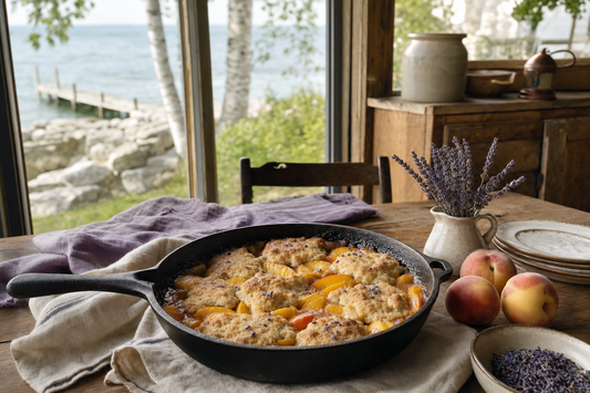Lavender peach cobbler in a Baileys Harbor farmhouse kitchen overlooking Green Bay, Door County