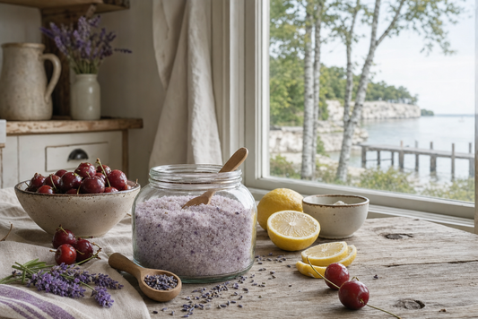 Lavender sugar recipe in a Door County farmhouse kitchen with cherries, lemon, and a Green Bay view.