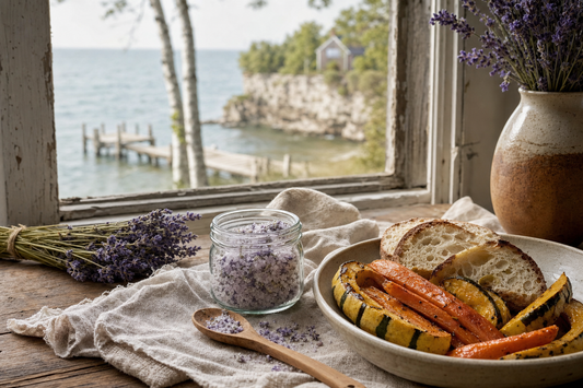 Lavender salt on roasted vegetables in a Door County farmhouse kitchen overlooking Green Bay
