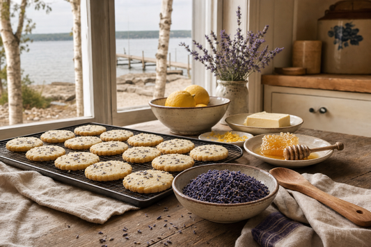 Hidcote lavender shortbread in a Door County farmhouse kitchen overlooking Green Bay, Wisconsin