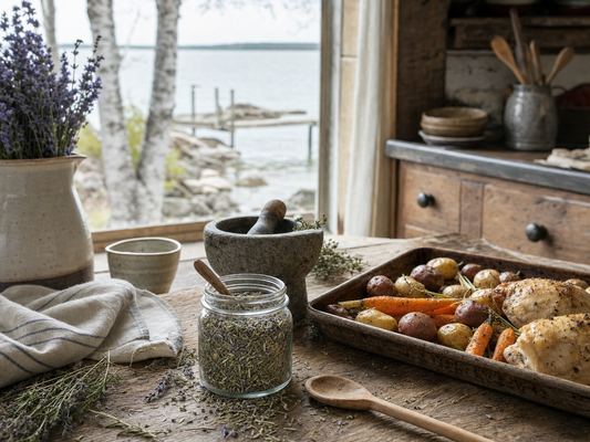 Herbes de Provence with local lavender and roasted chicken in a Door County Wisconsin farmhouse kitchen.
