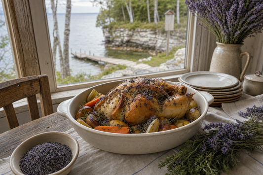 Lavender chicken with roasted vegetables in a Door County kitchen overlooking Green Bay near Baileys Harbor, Wisconsin.