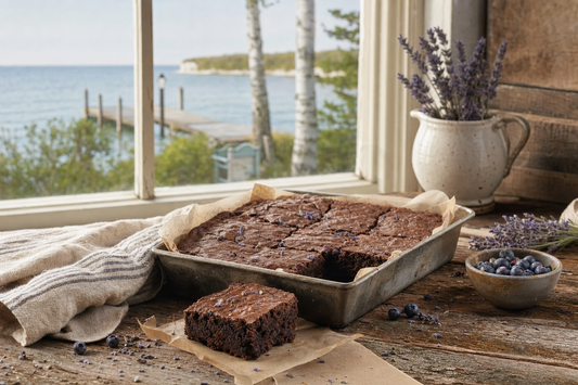 Fudgy lavender brownies in a Door County farmhouse kitchen overlooking Green Bay near Baileys Harbor, Wisconsin.