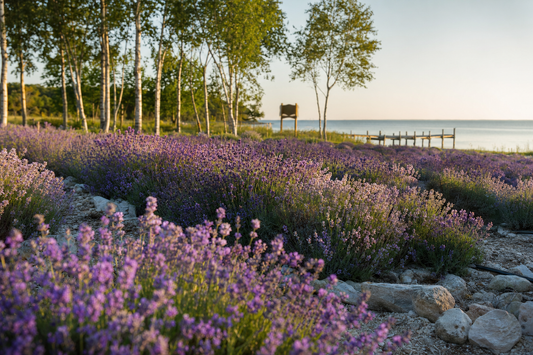 Door County lavender field with limestone, birch, and Green Bay near Baileys Harbor, Wisconsin