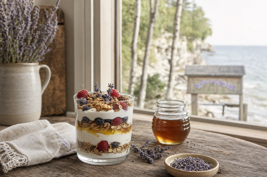 Lavender yogurt parfait with berries in a Door County farmhouse kitchen overlooking Green Bay
