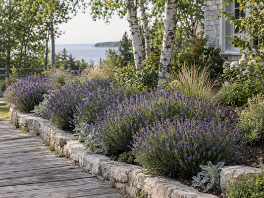 Lavender-focused garden bed with limestone edging and birch trees in Door County, Wisconsin