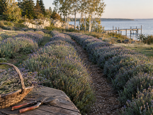 Lavender field maintenance in autumn rows at Wilder Farms in Baileys Harbor, Door County, Wisconsin