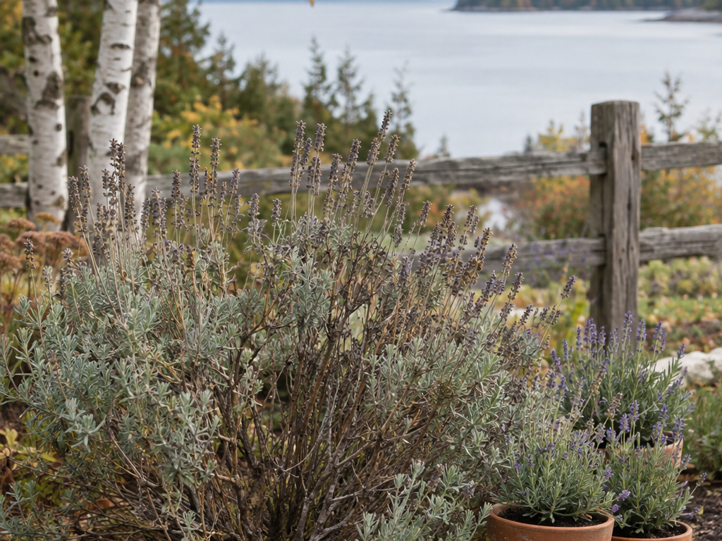 Woody old lavender plant beside young starts in a Baileys Harbor, Door County garden