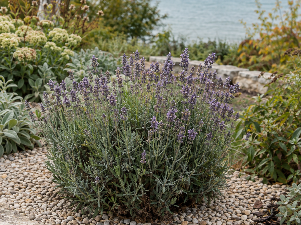 Lavender mulching with pea gravel in a Door County garden beside Green Bay
