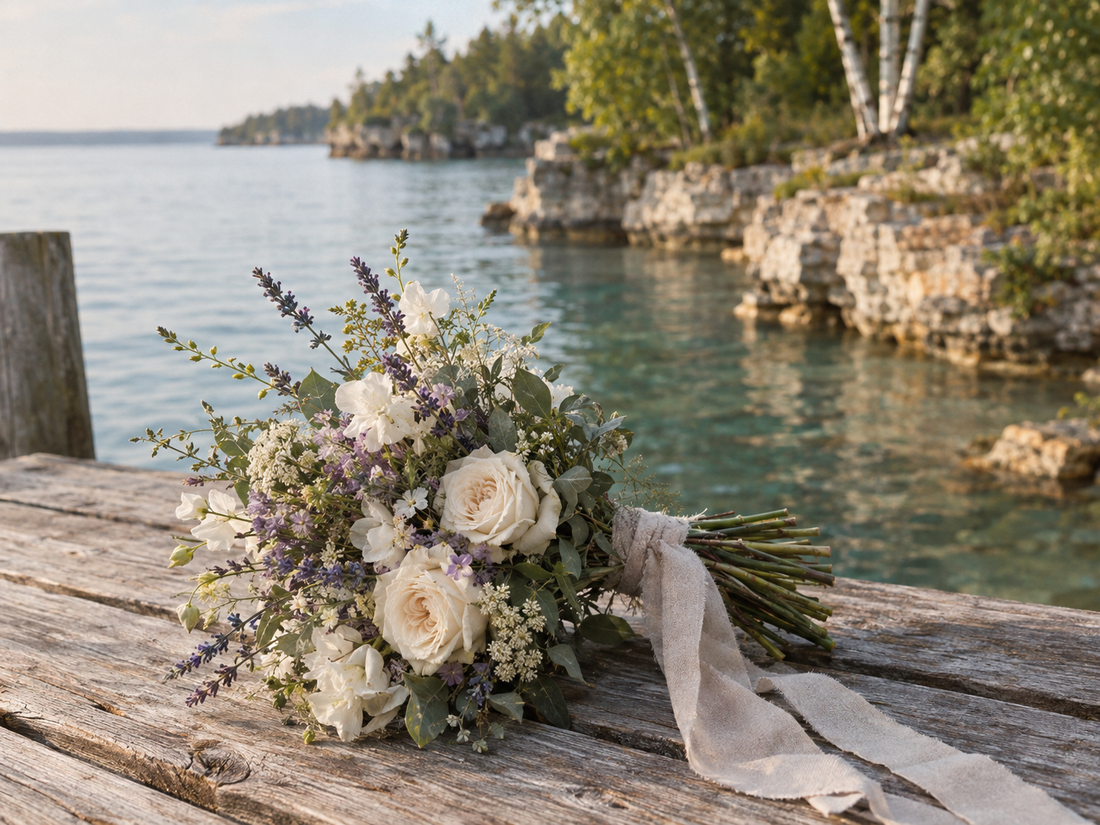 Door County lavender wedding bouquet with ivory blooms on a weathered Green Bay dock