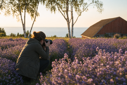 Photographer kneeling in Door County lavender rows near Baileys Harbor, Wisconsin, at golden hour