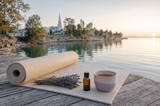 Yoga mat with lavender bundles on a weathered dock overlooking Green Bay at sunrise in Ephraim, Door County