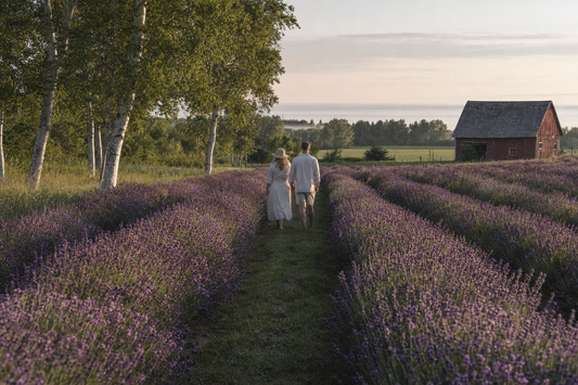 Couple walking blooming lavender rows at Wilder Farms in Baileys Harbor, Door County, on a July morning