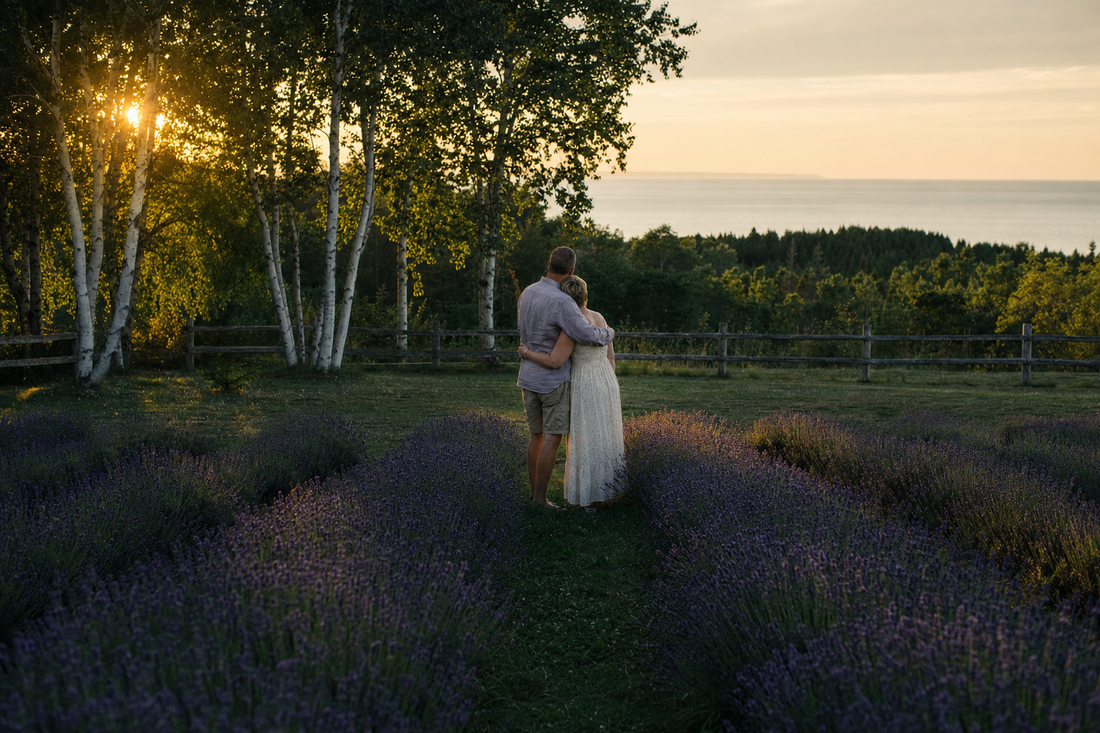 Couple celebrating their anniversary in blooming lavender rows near Baileys Harbor, Door County, Wisconsin