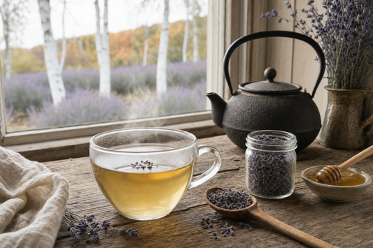 Cup of lavender tea with dried culinary lavender on a farmhouse table in Baileys Harbor, Door County