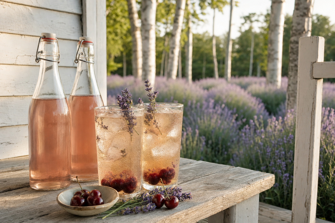 Glasses of homemade lavender kombucha with tart cherries on a Baileys Harbor, Door County farmhouse porch