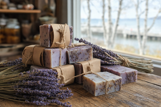 Handmade lavender soap bars wrapped in twine with dried lavender on a table in Ephraim, Door County, Wisconsin
