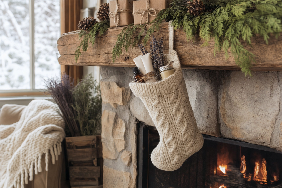 Holiday stocking filled with travel-size lavender lotion, candle, and dried lavender by a fireplace in Ephraim, Door County