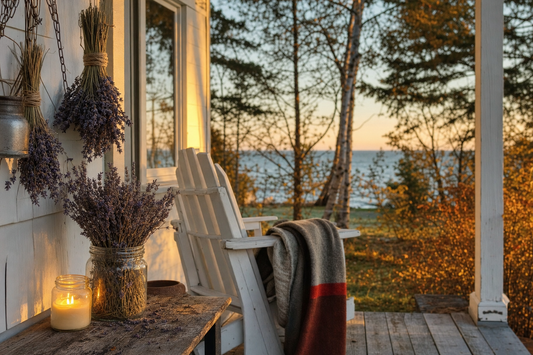 Dried lavender bundles and a candle on a Door County, Wisconsin cottage porch at sunset