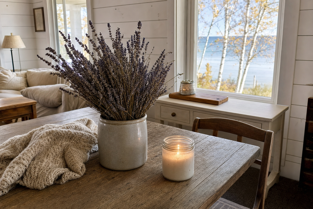 Dried lavender bundles in a stoneware crock on a farmhouse table in a Door County, Wisconsin home