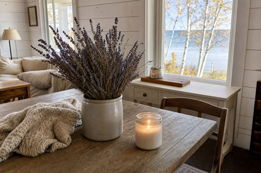 Dried lavender bundles in a stoneware crock on a farmhouse table in a Door County, Wisconsin home